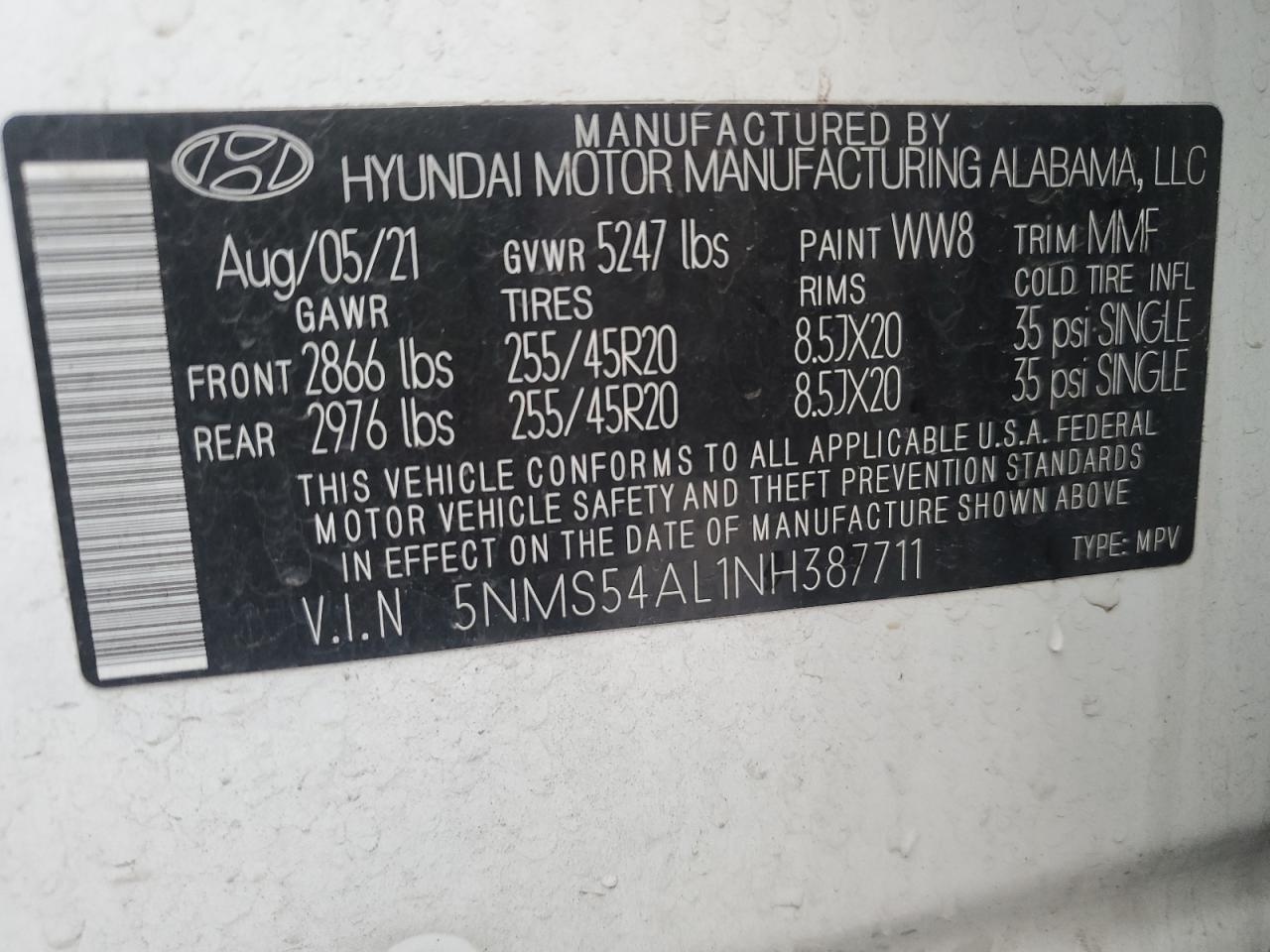 2022 Hyundai Santa Fe Calligraphy VIN: 5NMS54AL1NH387711 Lot: 93624265