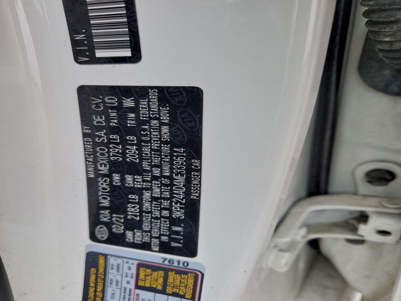 2021 Kia Forte Fe VIN: 3KPF24AD4ME339614 Lot: 93946035