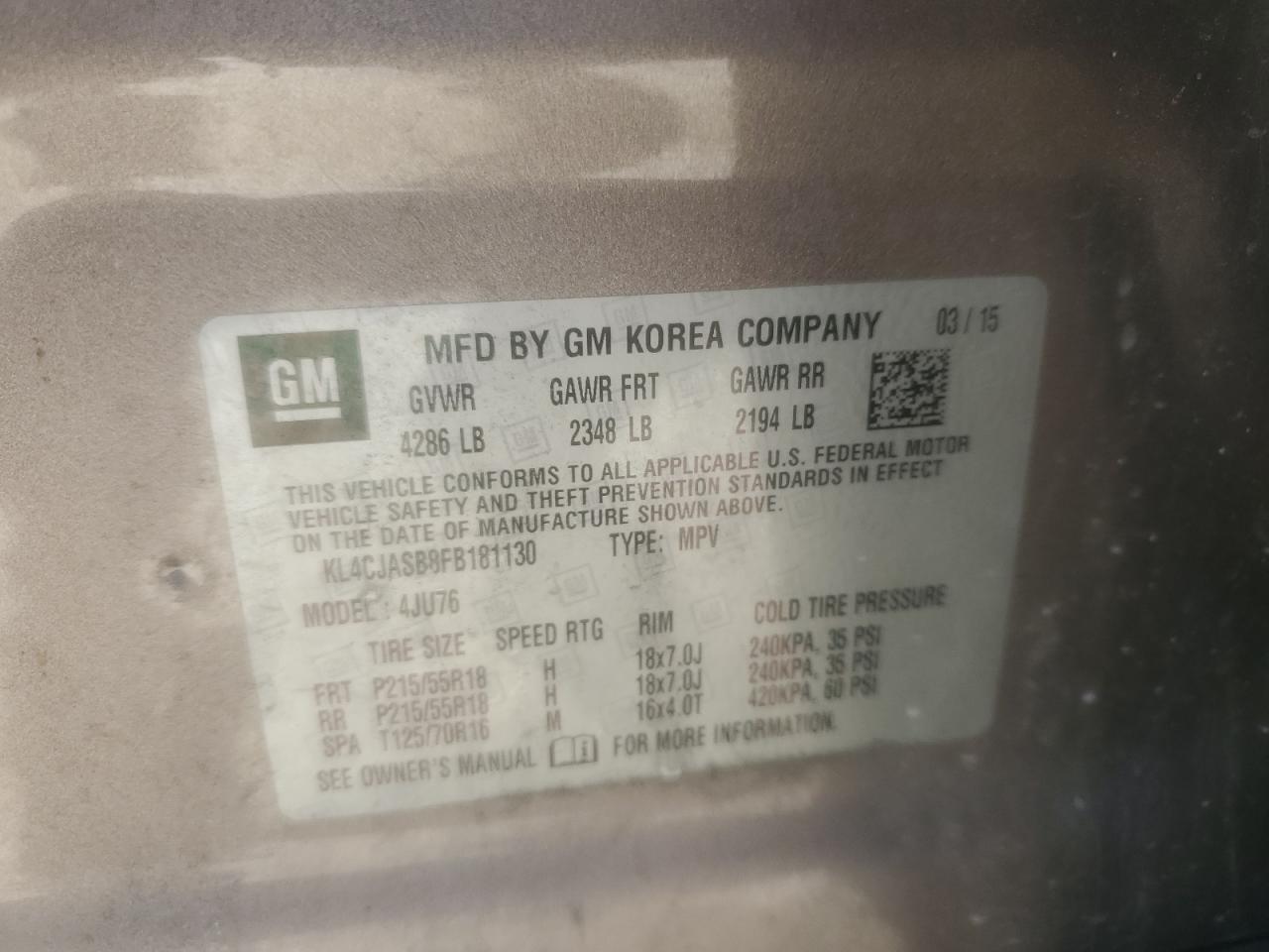 2015 Buick Encore VIN: KL4CJASB8FB181130 Lot: 92018085