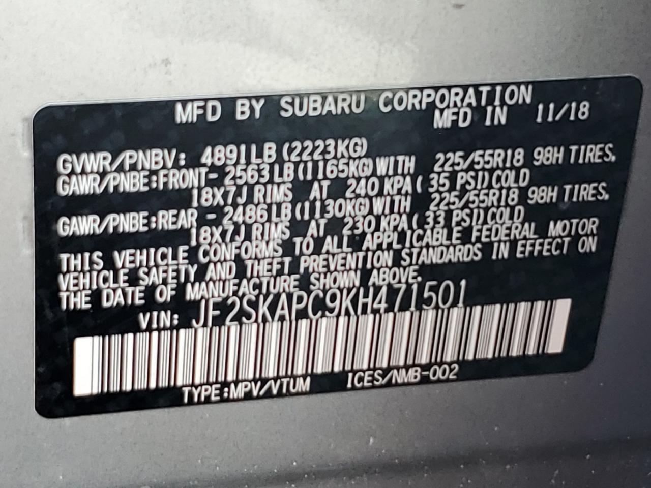 2019 Subaru Forester Sport VIN: JF2SKAPC9KH471501 Lot: 92291825