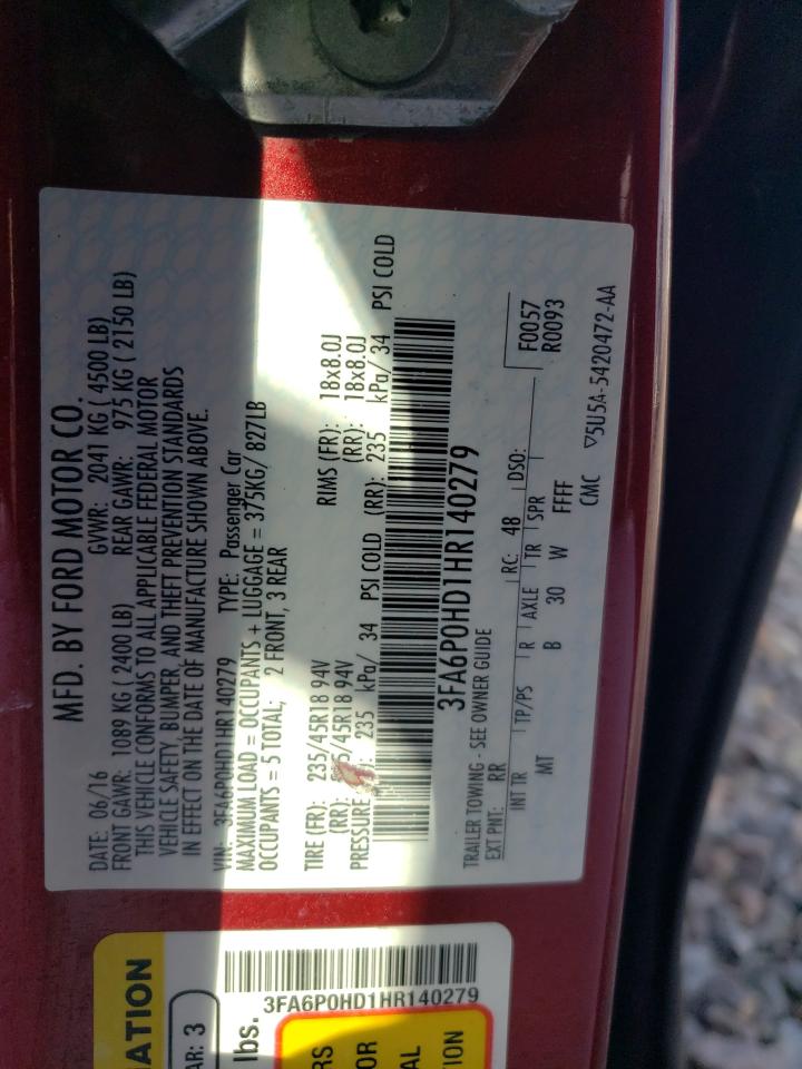 2017 Ford Fusion Se VIN: 3FA6P0HD1HR140279 Lot: 91204155