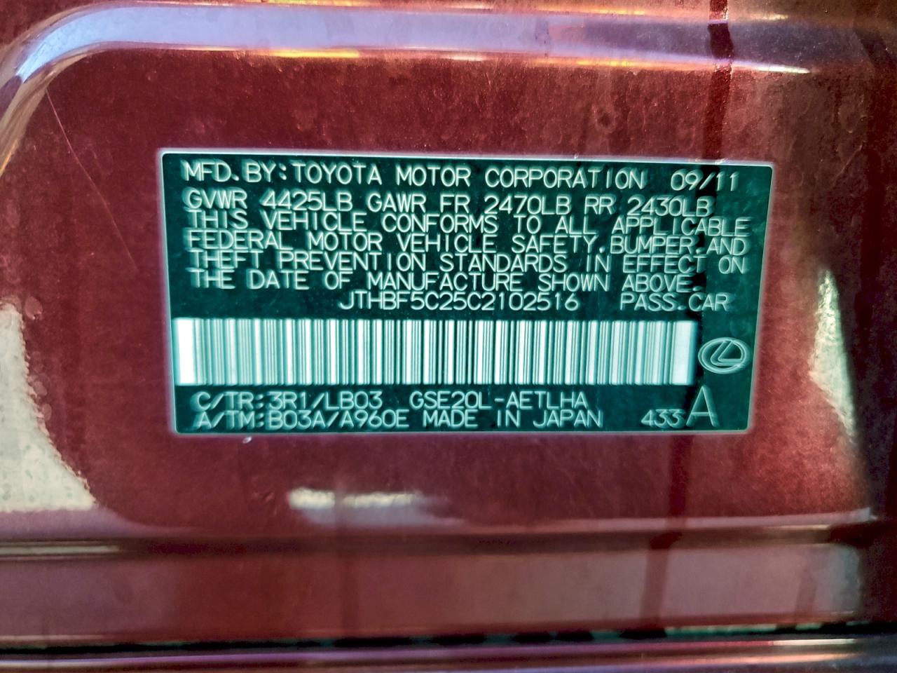 2012 Lexus Is 250 VIN: JTHBF5C25C2102516 Lot: 93445995