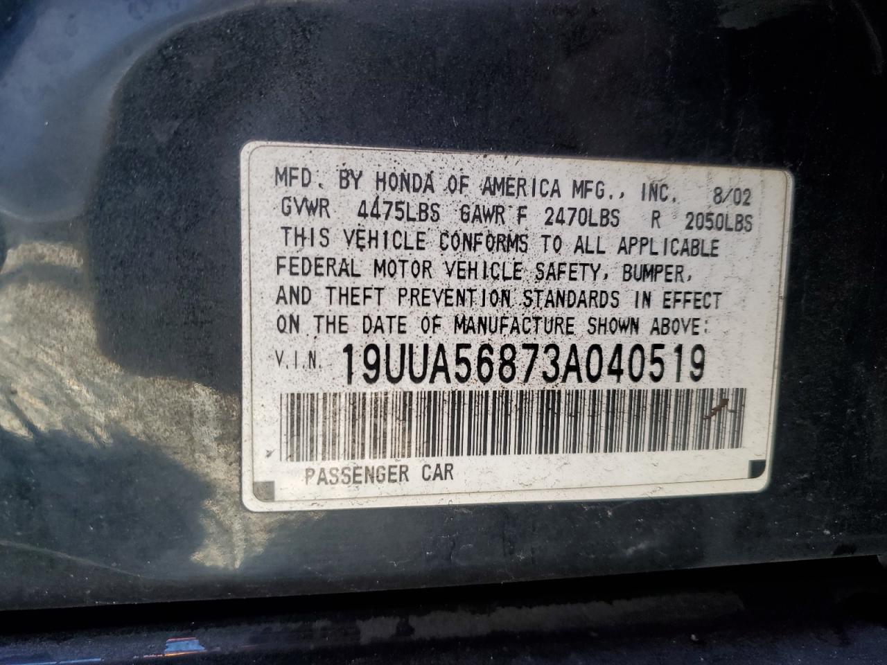 2003 Acura 3.2Tl Type-S VIN: 19UUA56873A040519 Lot: 92916815