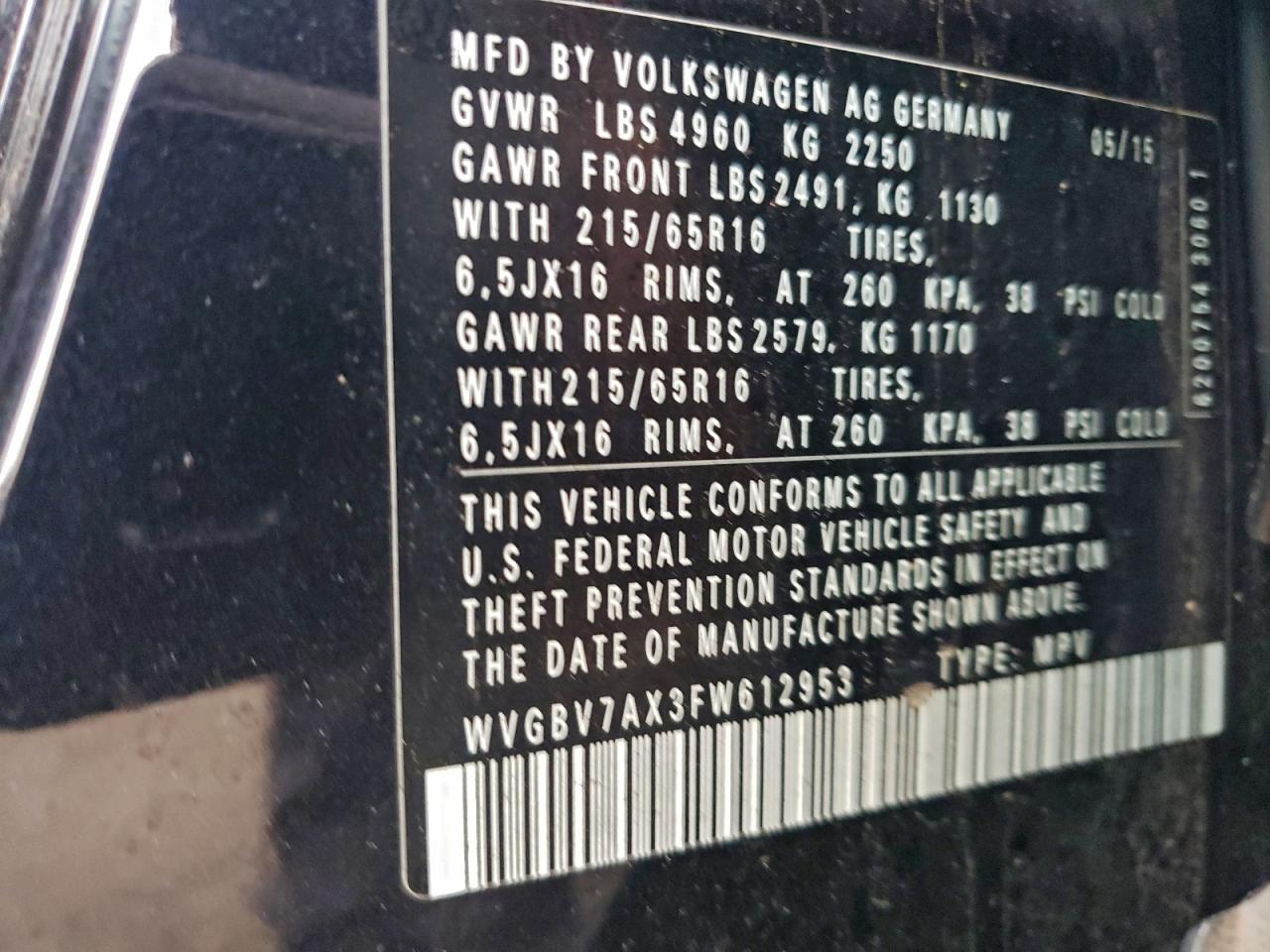 2015 Volkswagen Tiguan S VIN: WVGBV7AX3FW612953 Lot: 93653865