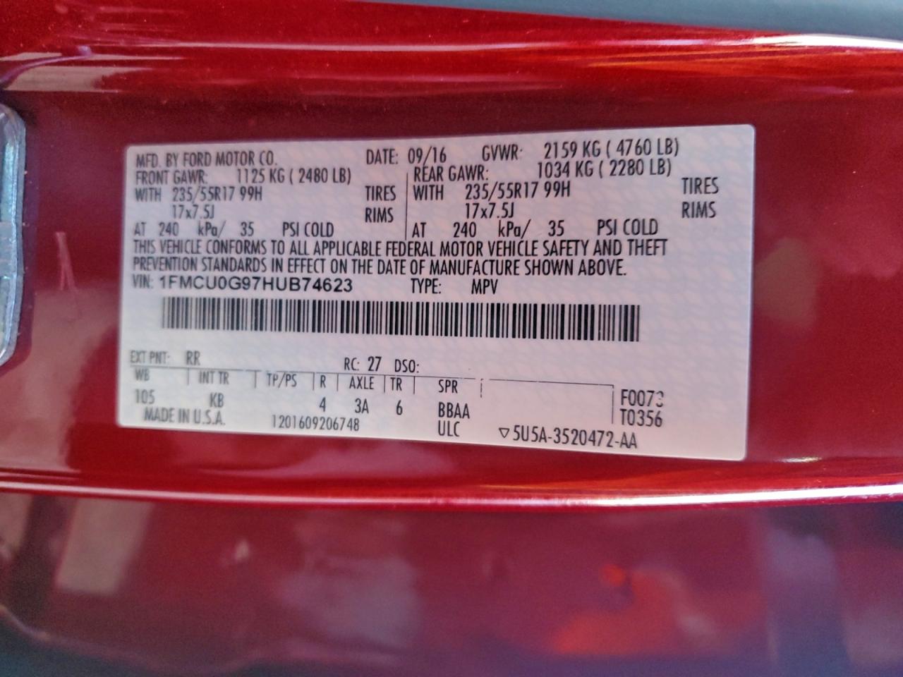 2017 Ford Escape Se VIN: 1FMCU0G97HUB74623 Lot: 94668395