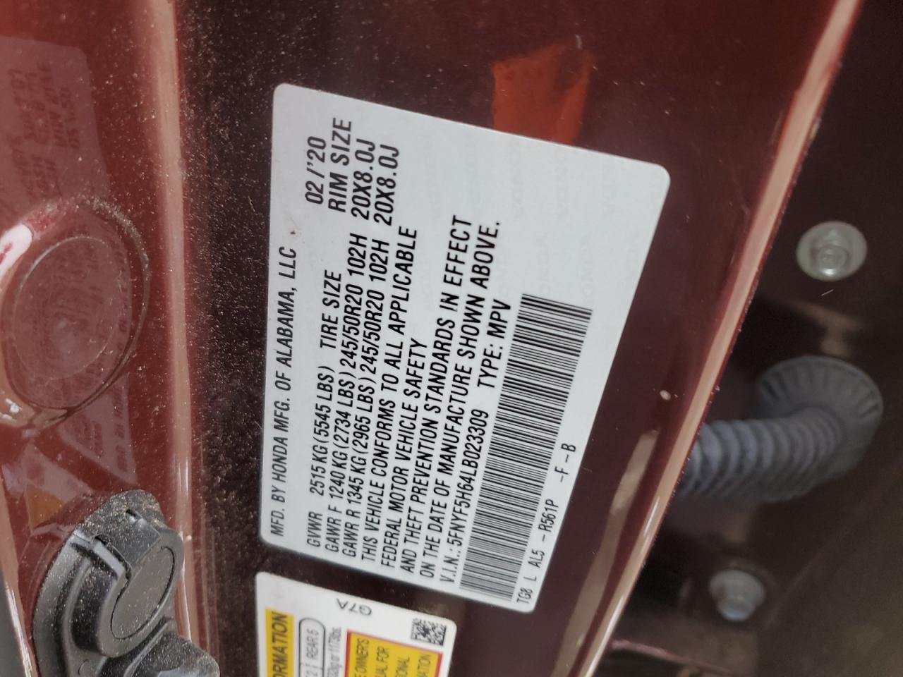 2020 Honda Pilot Touring VIN: 5FNYF5H64LB023309 Lot: 93336365