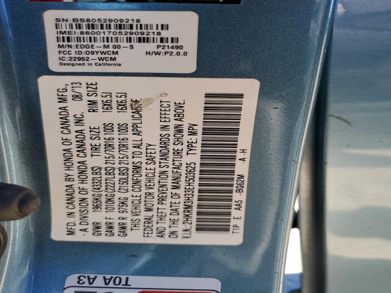 2014 Honda Cr-V Lx VIN: 2HKRM3H33EH503625 Lot: 92368405