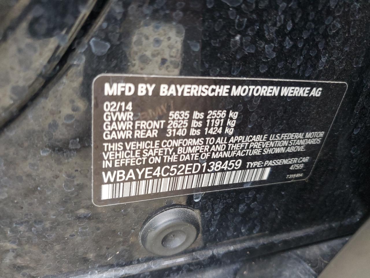 2014 BMW 740 Li VIN: WBAYE4C52ED138459 Lot: 92512315