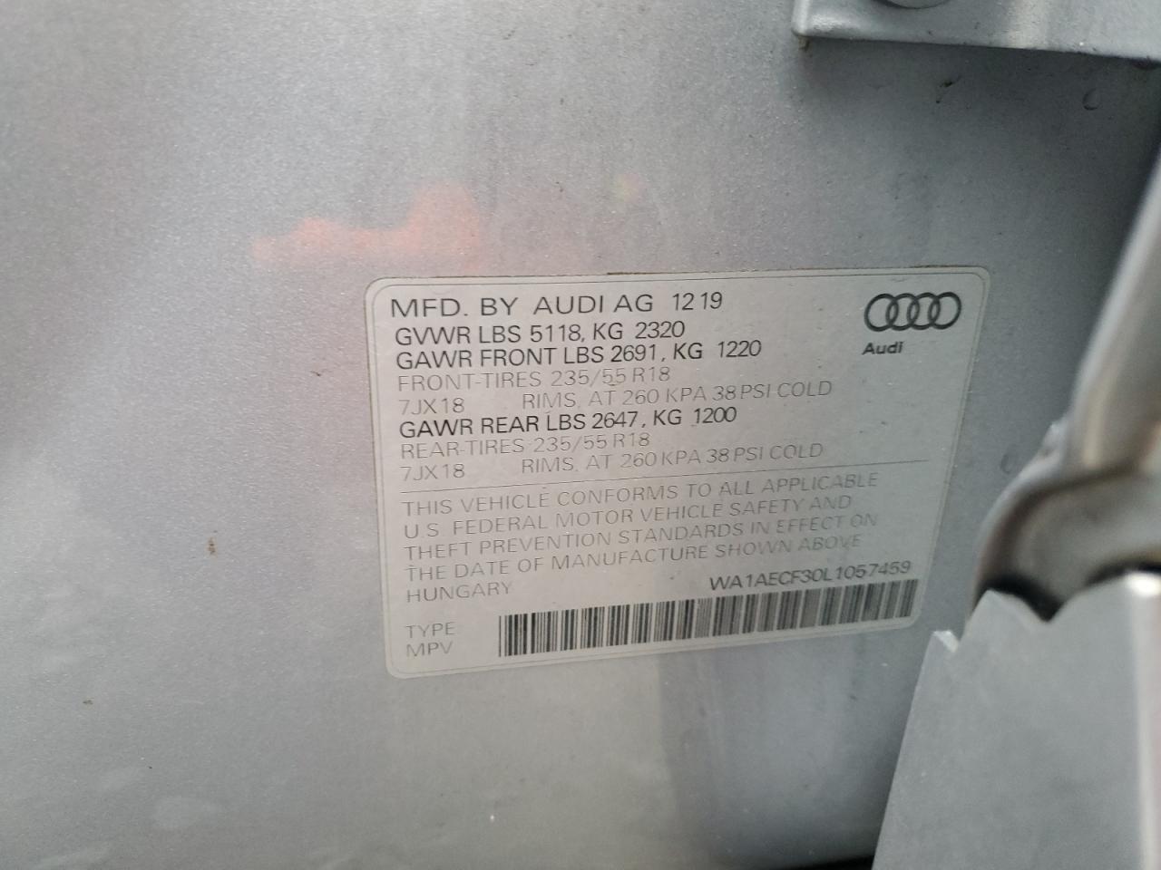 2020 Audi Q3 Premium VIN: WA1AECF30L1057459 Lot: 91793665