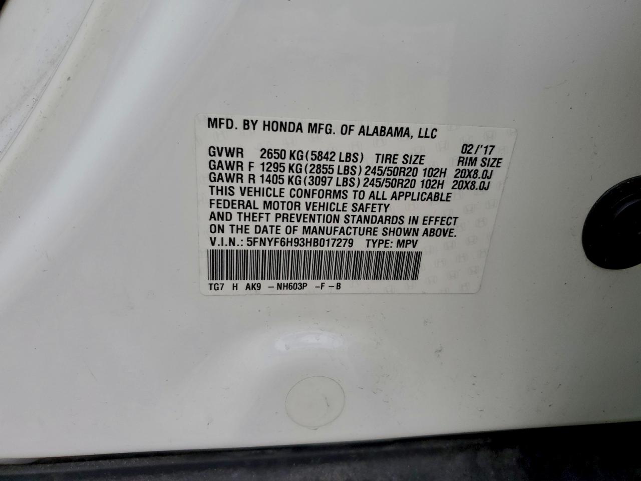 2017 Honda Pilot Touring VIN: 5FNYF6H93HB017279 Lot: 93757425