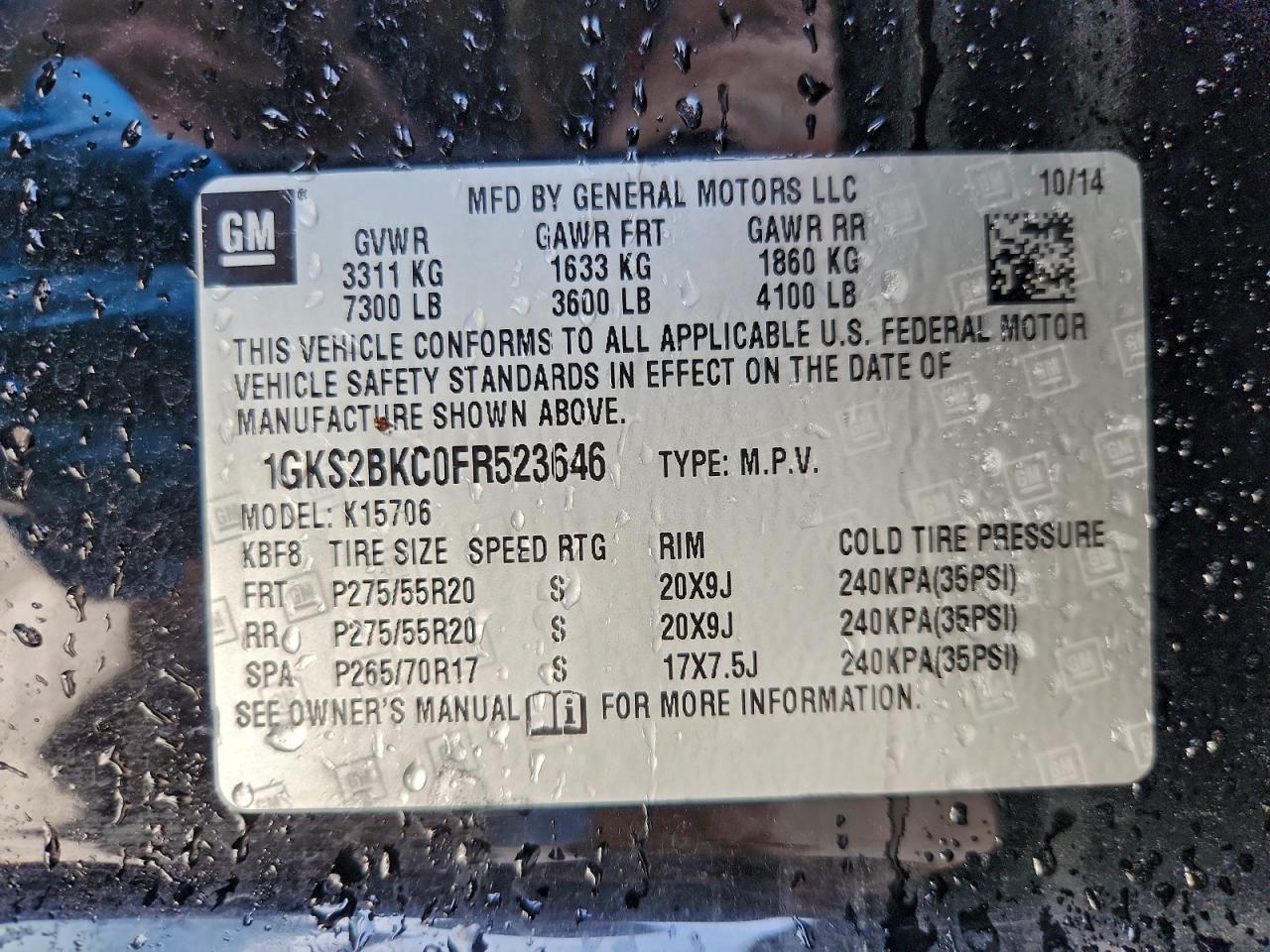 2015 GMC Yukon Slt VIN: 1GKS2BKC0FR523646 Lot: 94673475