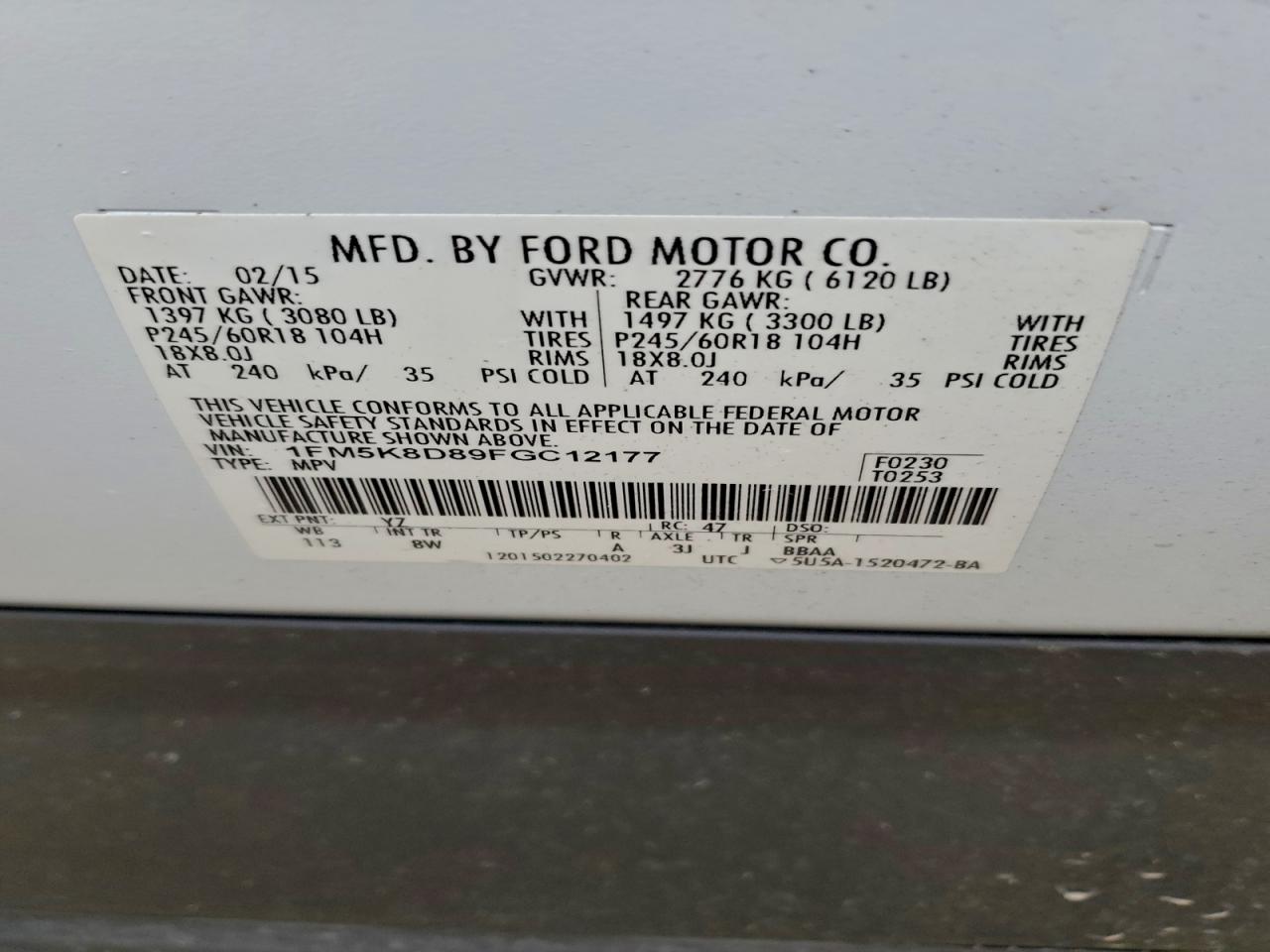 2015 Ford Explorer Xlt VIN: 1FM5K8D89FGC12177 Lot: 94428765