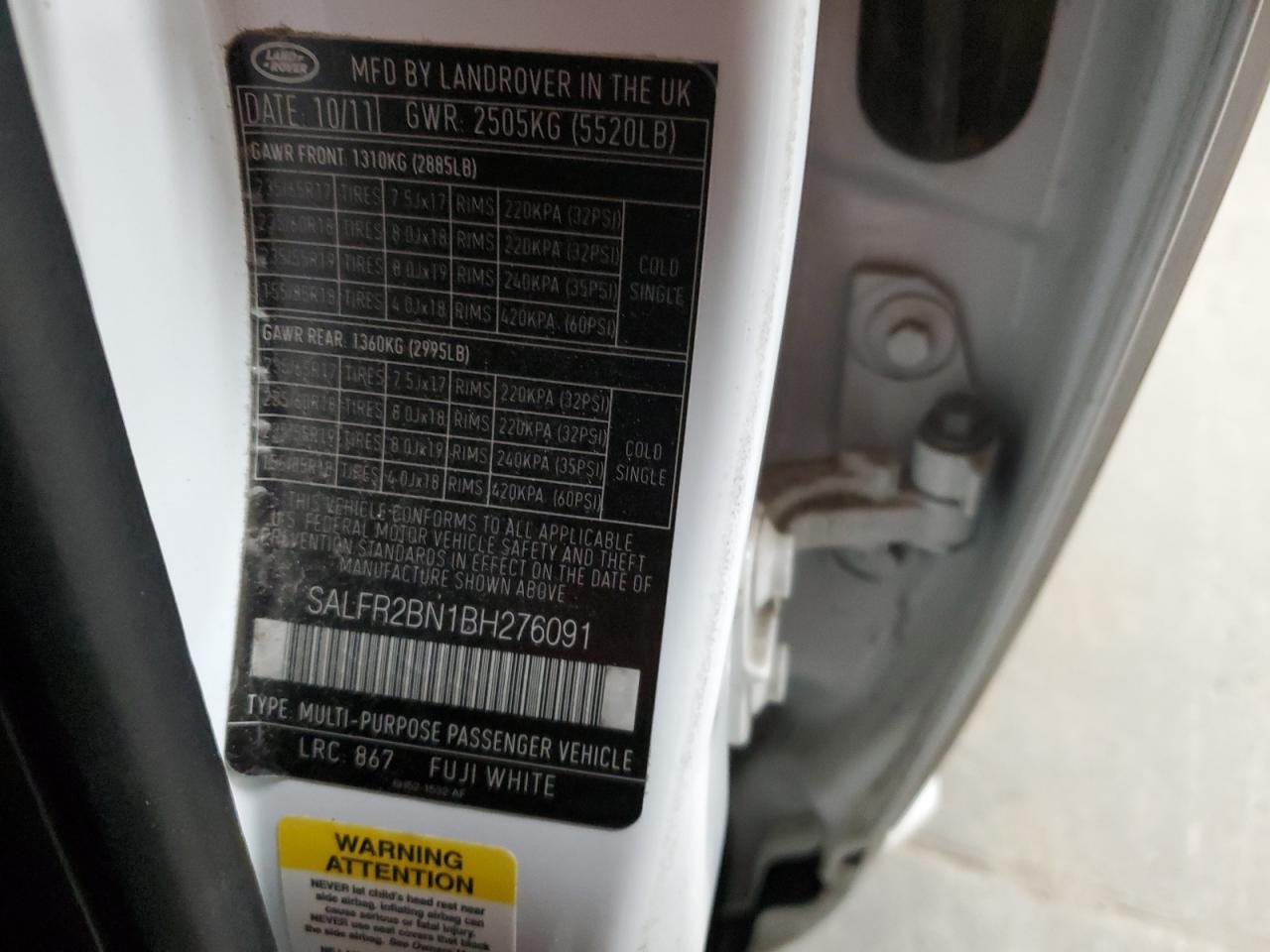 2011 Land Rover Lr2 Hse VIN: SALFR2BN1BH276091 Lot: 92986115