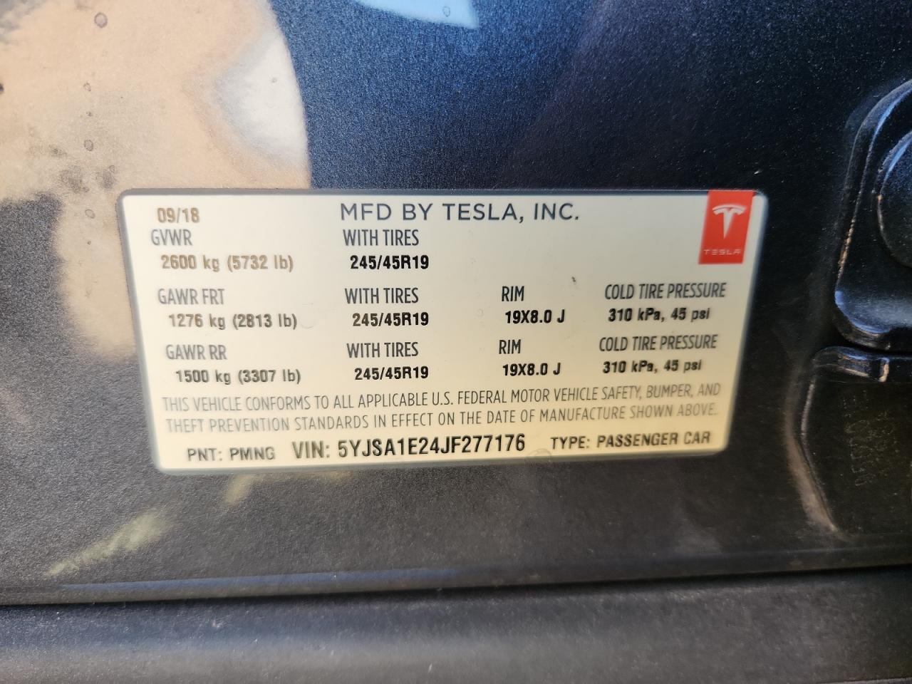 2018 Tesla Model S VIN: 5YJSA1E24JF277176 Lot: 93120185