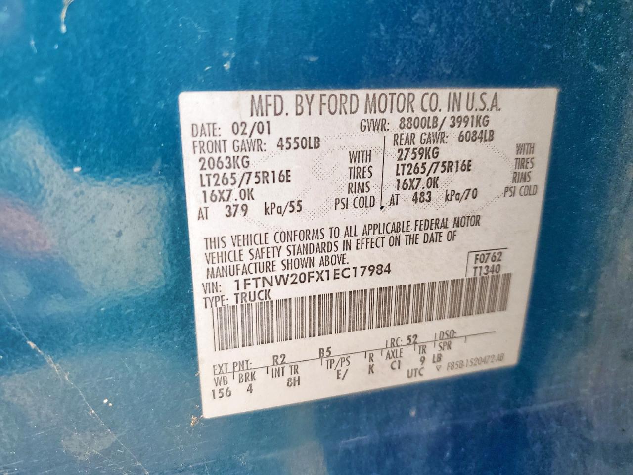 2001 Ford F250 Super Duty VIN: 1FTNW20FX1EC17984 Lot: 91472615