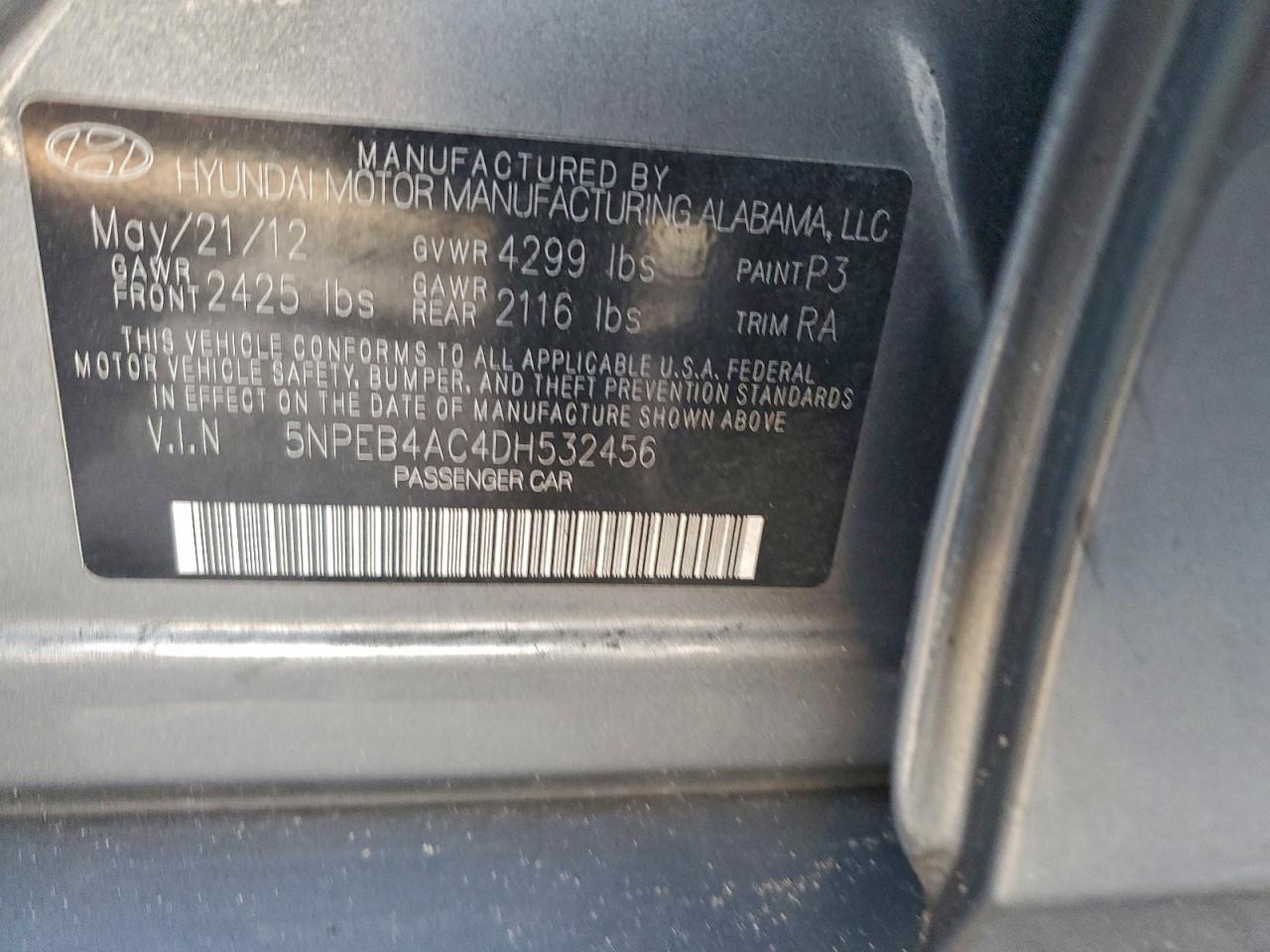 2013 Hyundai Sonata Gls VIN: 5NPEB4AC4DH532456 Lot: 94393105