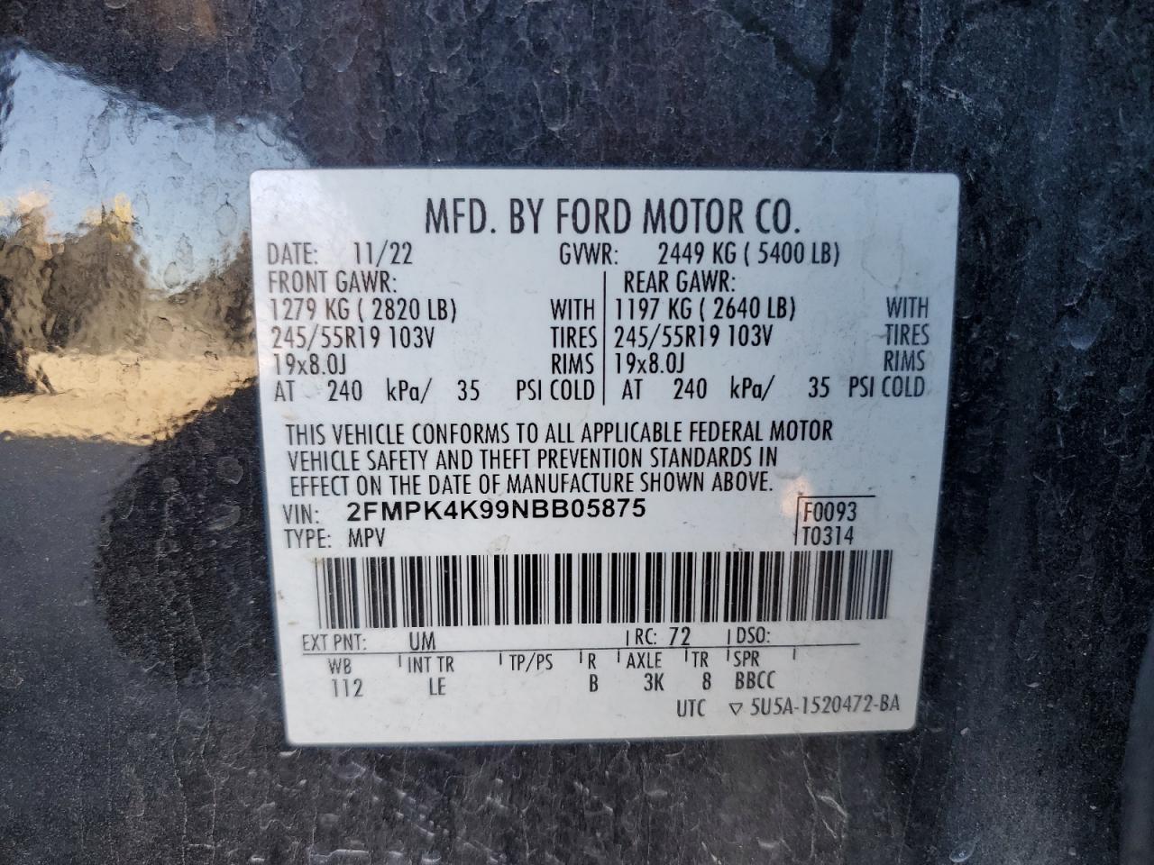 2022 Ford Edge Titanium VIN: 2FMPK4K99NBB05875 Lot: 90907785