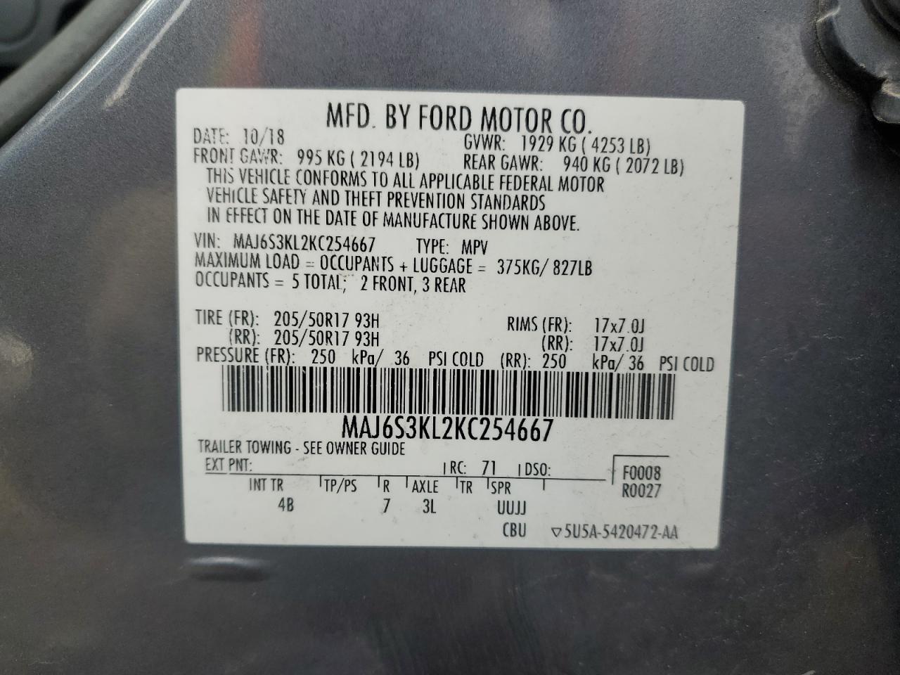 2019 Ford Ecosport Titanium VIN: MAJ6S3KL2KC254667 Lot: 91576565