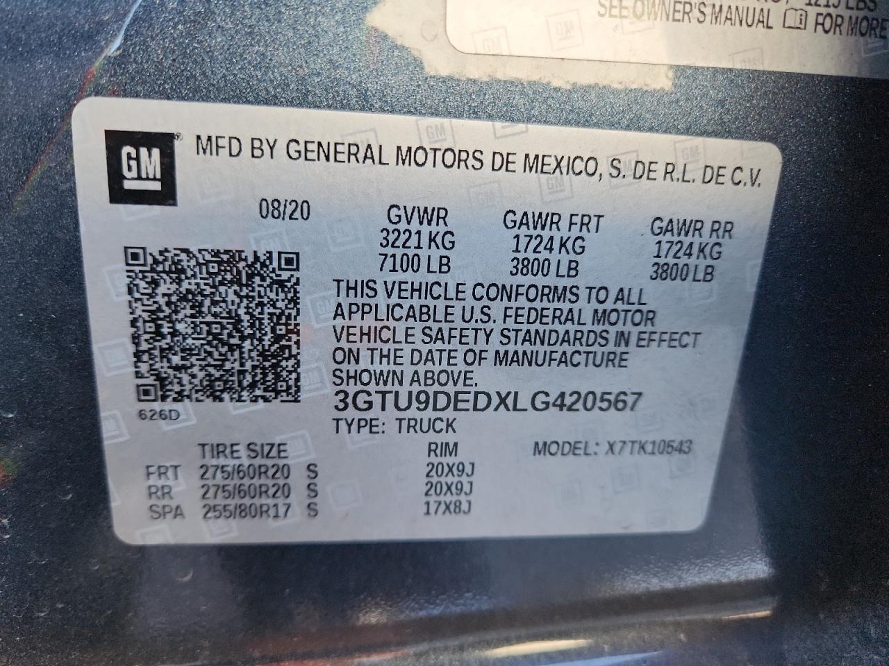 2020 GMC Sierra K1500 Slt VIN: 3GTU9DEDXLG420567 Lot: 91376835