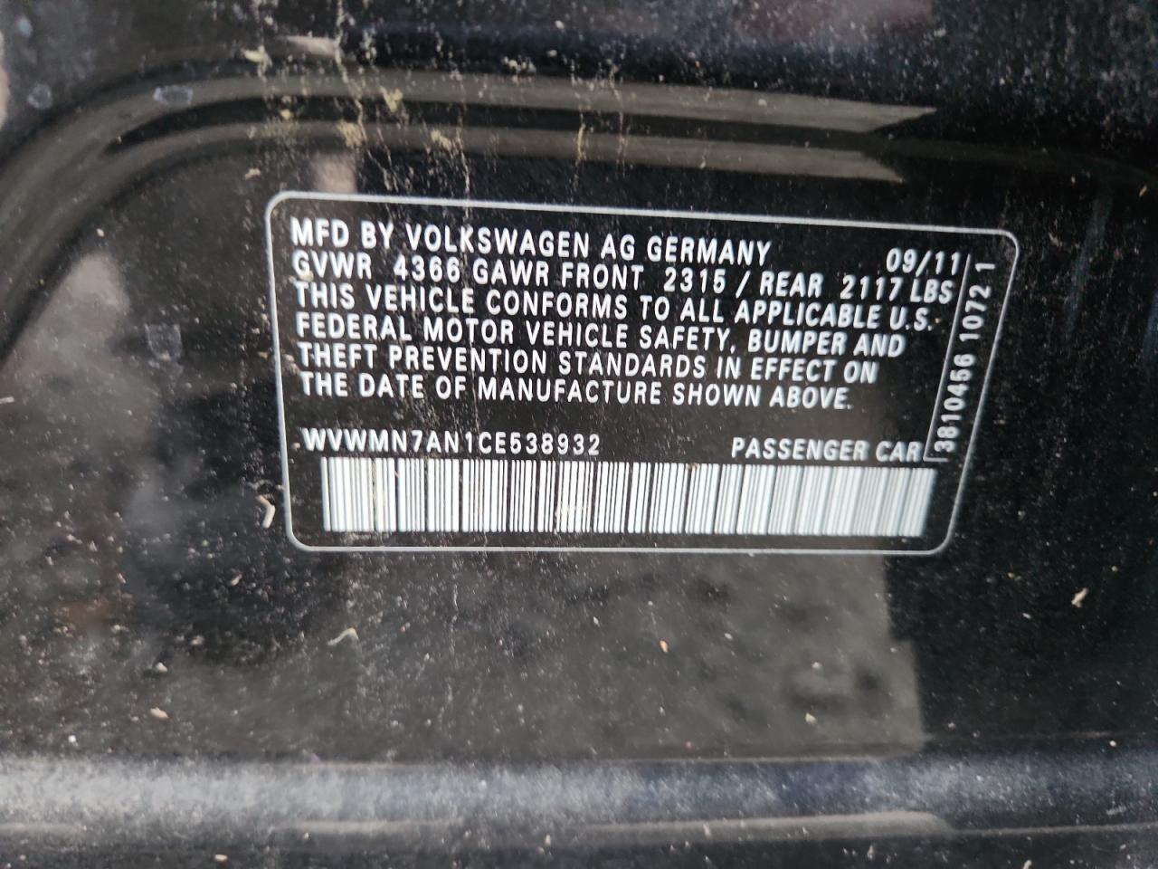 2012 Volkswagen Cc Sport VIN: WVWMN7AN1CE538932 Lot: 93472765