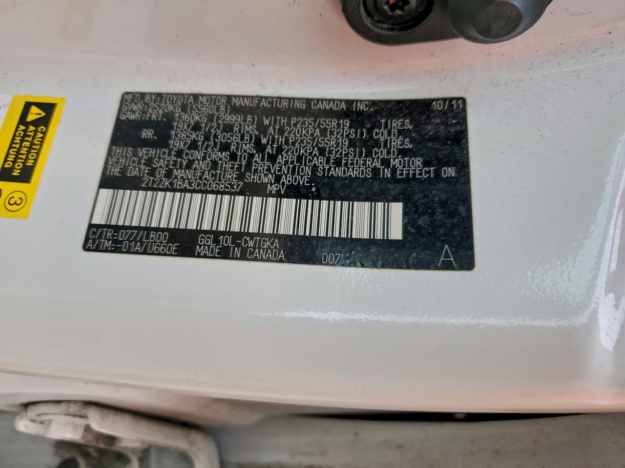 2012 Lexus Rx 350 VIN: 2T2ZK1BA3CC068537 Lot: 94078255