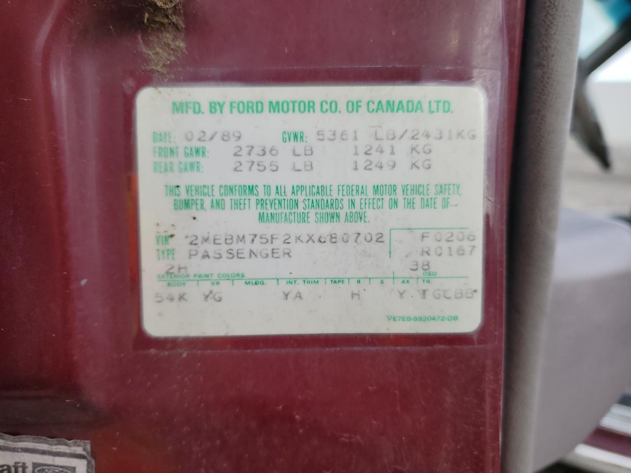 1989 Mercury Grand Marquis Ls VIN: 2MEBM75F2KX680702 Lot: 92509075