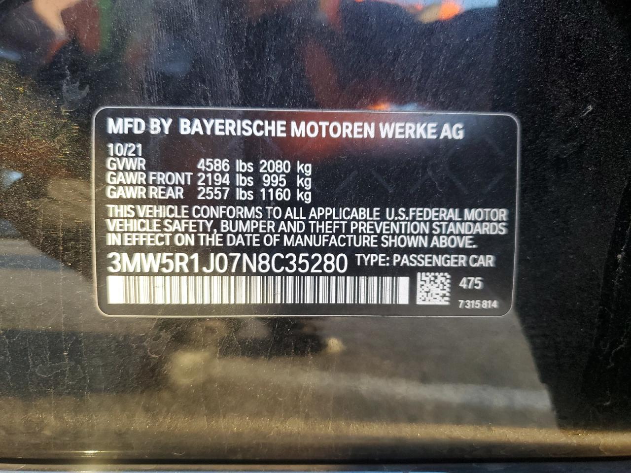 2022 BMW 330I VIN: 3MW5R1J07N8C35280 Lot: 91347855
