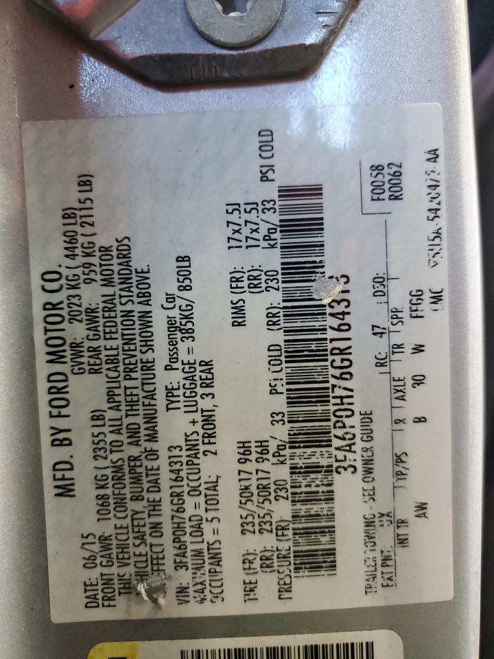 2016 Ford Fusion Se VIN: 3FA6P0H76GR164313 Lot: 91140595