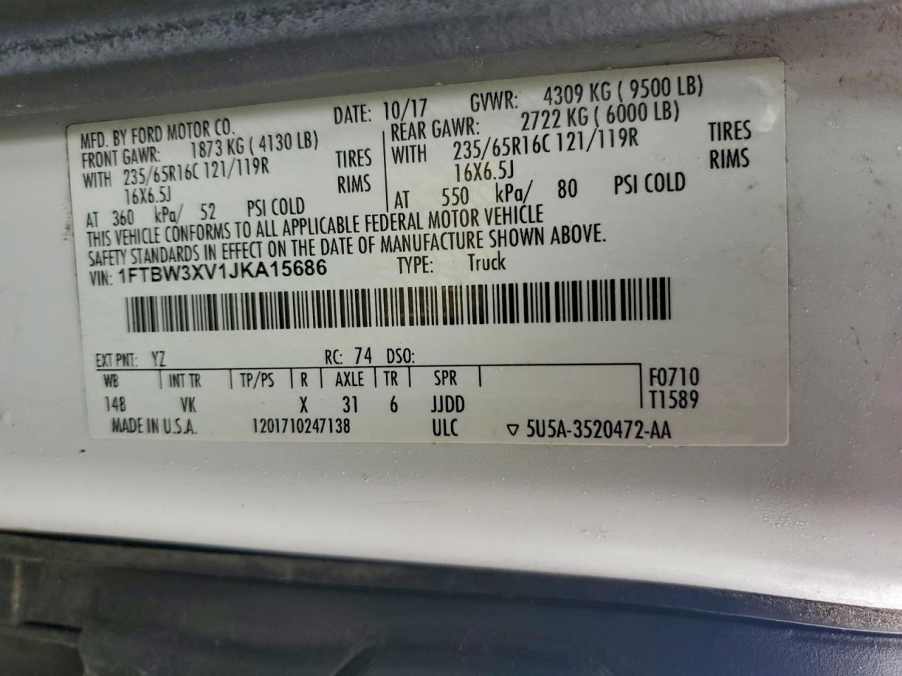 2018 Ford Transit T-350 VIN: 1FTBW3XV1JKA15686 Lot: 93925735