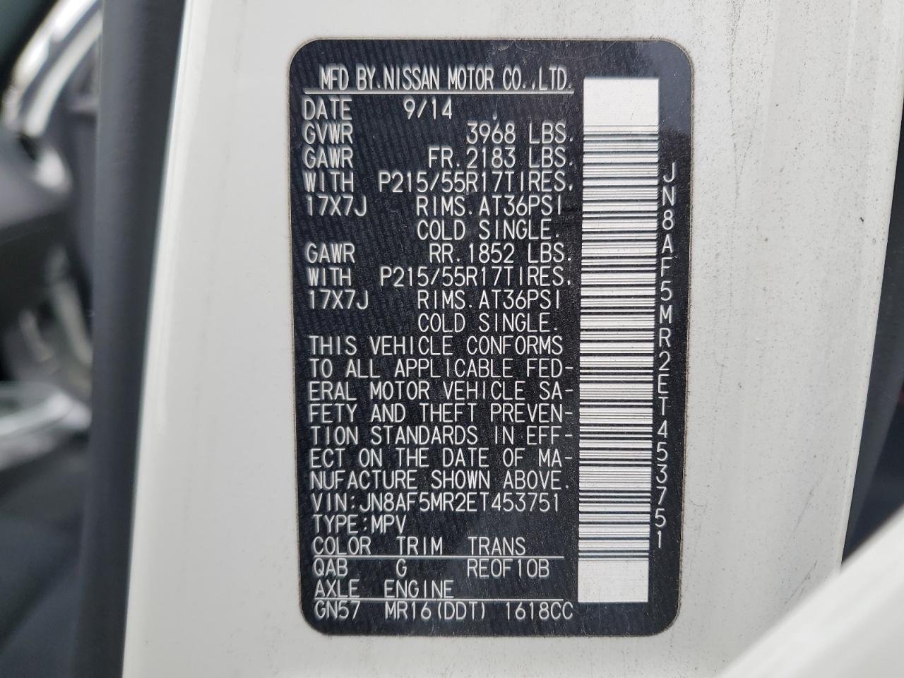 2014 Nissan Juke S VIN: JN8AF5MR2ET453751 Lot: 93408855