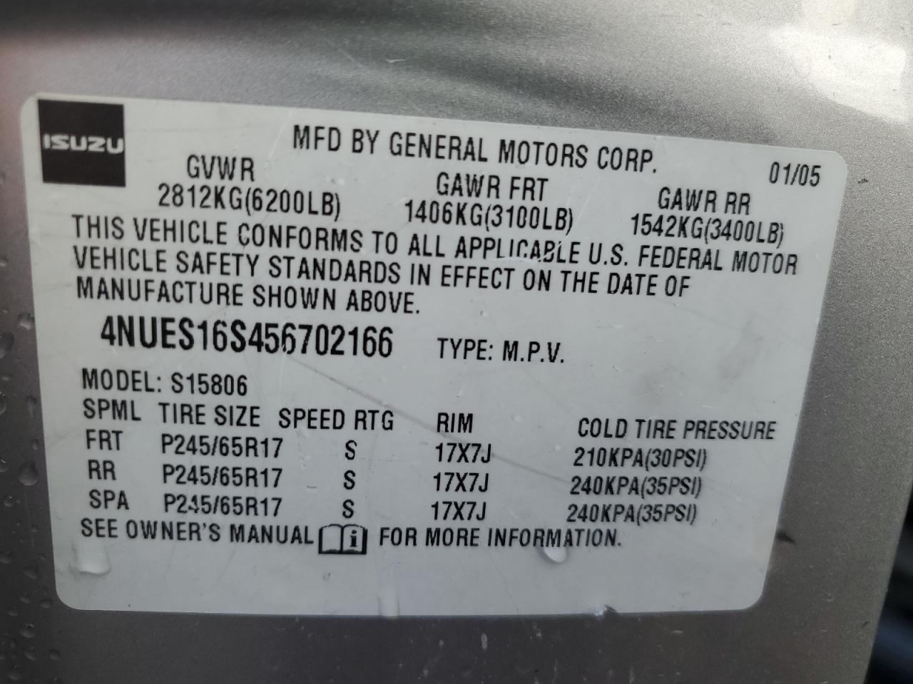 2005 Isuzu Ascender S VIN: 4NUES16S456702166 Lot: 93481735