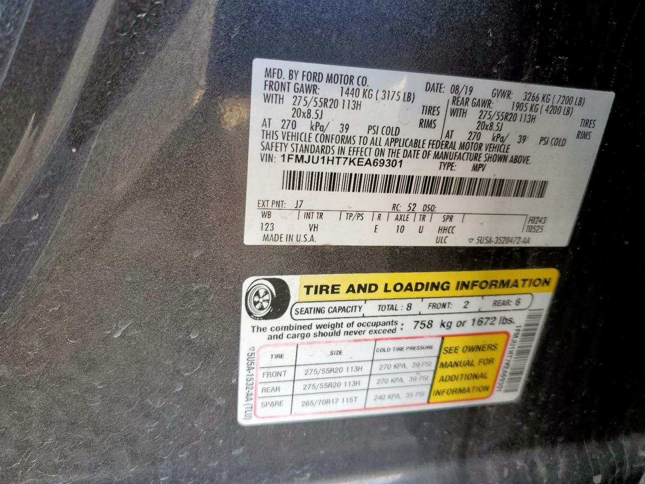 2019 Ford Expedition Xlt VIN: 1FMJU1HT7KEA69301 Lot: 92667115