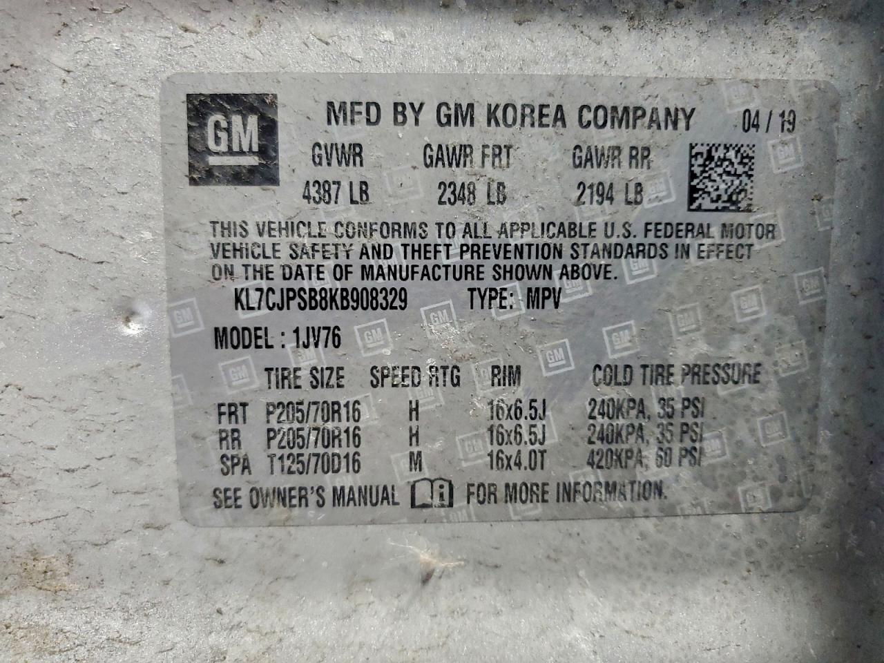 2019 Chevrolet Trax 1Lt VIN: KL7CJPSB8KB908329 Lot: 94292865