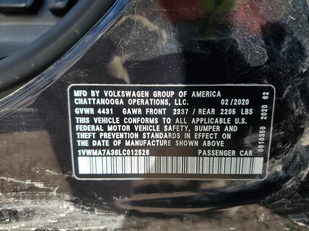 2020 Volkswagen Passat R-Line VIN: 1VWMA7A38LC012526 Lot: 91566855