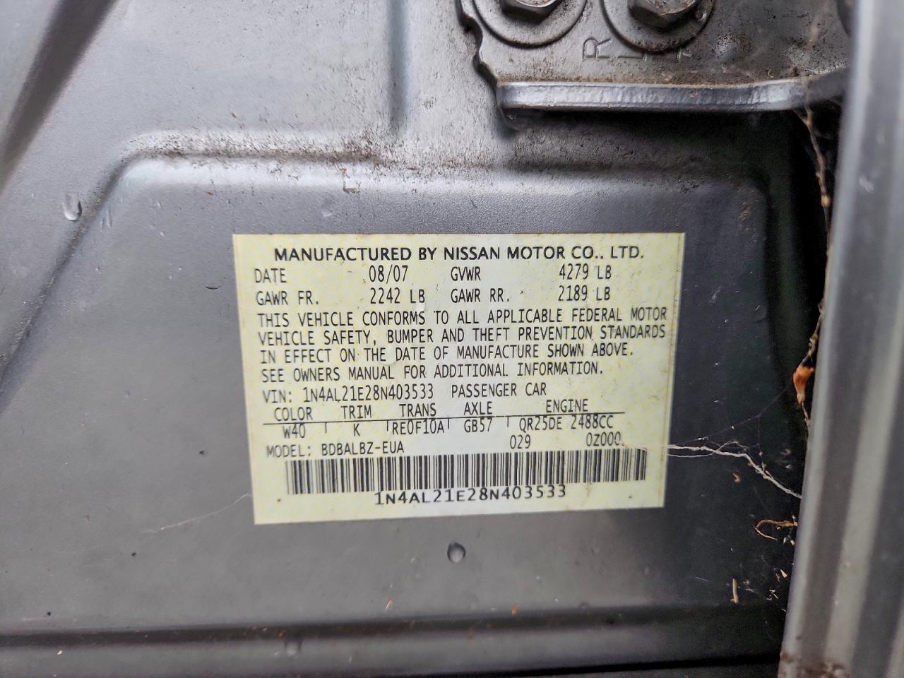 2008 Nissan Altima 2.5 VIN: 1N4AL21E28N403533 Lot: 93811955