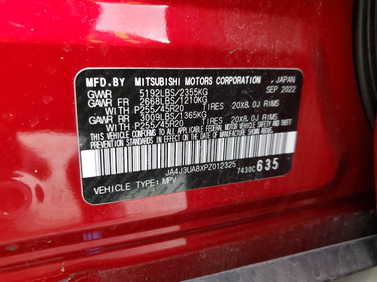 2023 Mitsubishi Outlander Se VIN: JA4J3UA8XPZ012325 Lot: 93771035