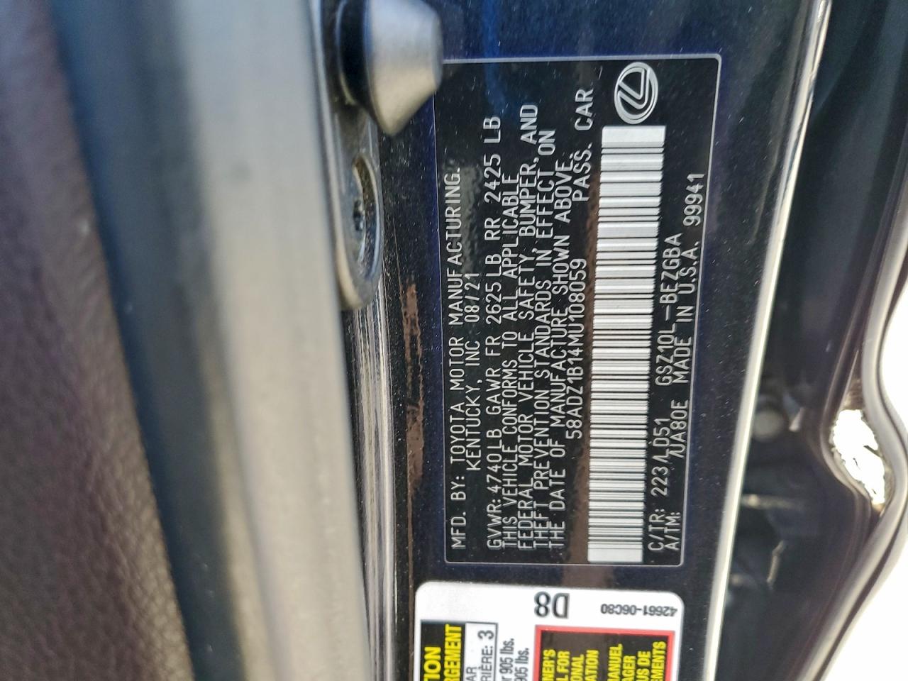 2021 Lexus Es 350 Base VIN: 58ADZ1B14MU108059 Lot: 94182475