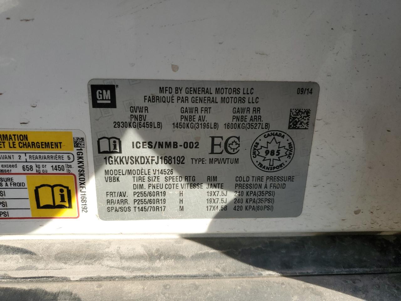 2015 GMC Acadia Slt-2 VIN: 1GKKVSKDXFJ168192 Lot: 92272935