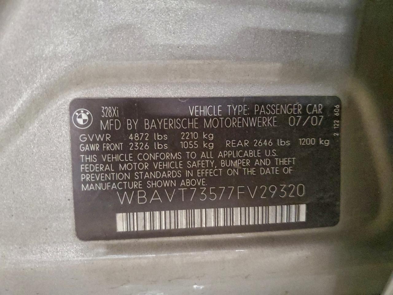 2007 BMW 328 Xit VIN: WBAVT73577FV29320 Lot: 94265935