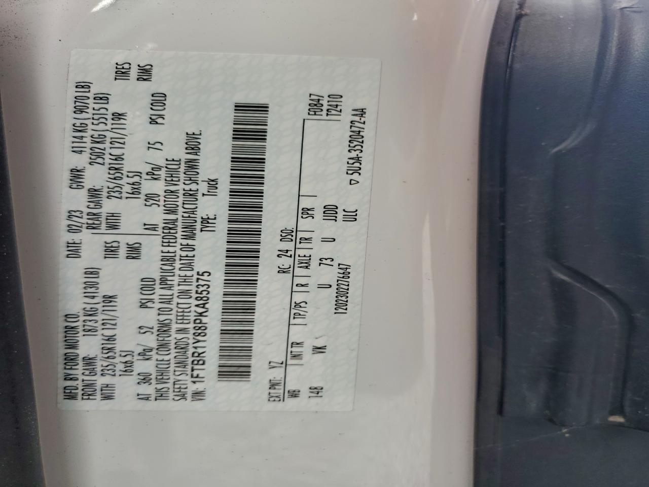 2023 Ford Transit T-250 VIN: 1FTBR1Y88PKA85375 Lot: 93752075