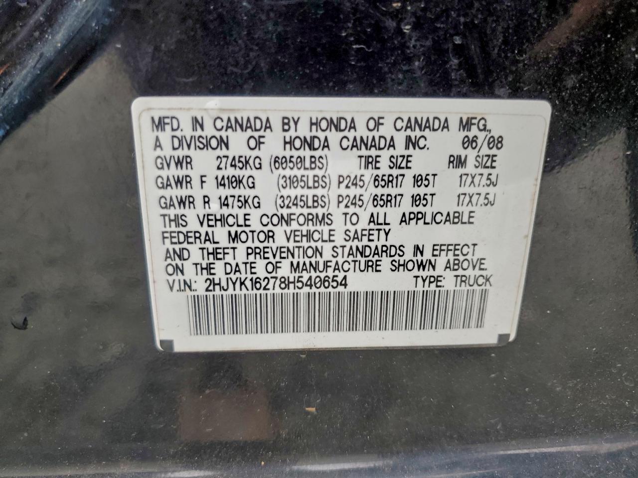 2008 Honda Ridgeline Rt VIN: 2HJYK16278H540654 Lot: 94549265