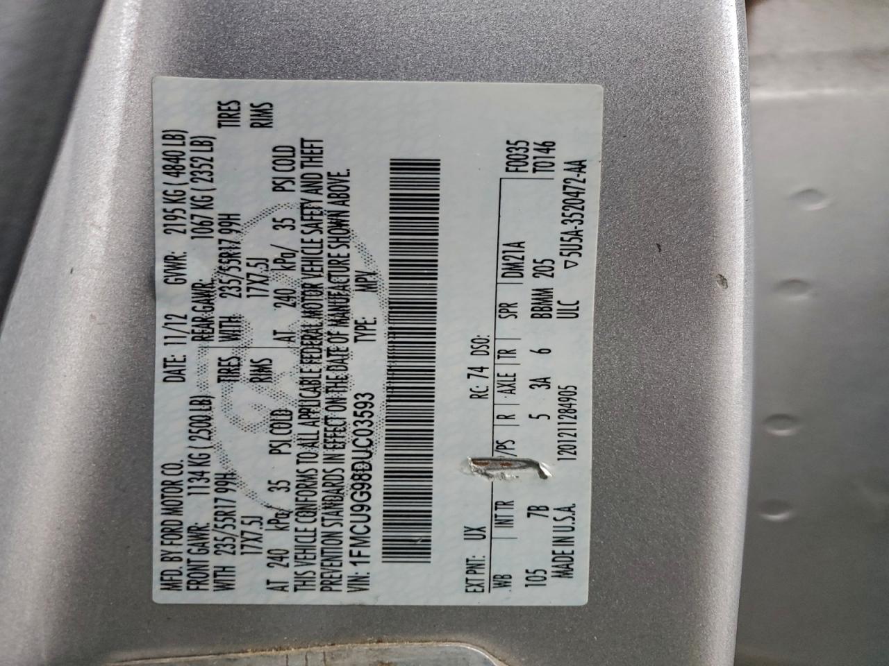 2013 Ford Escape Se VIN: 1FMCU9G98DUC03593 Lot: 93906665