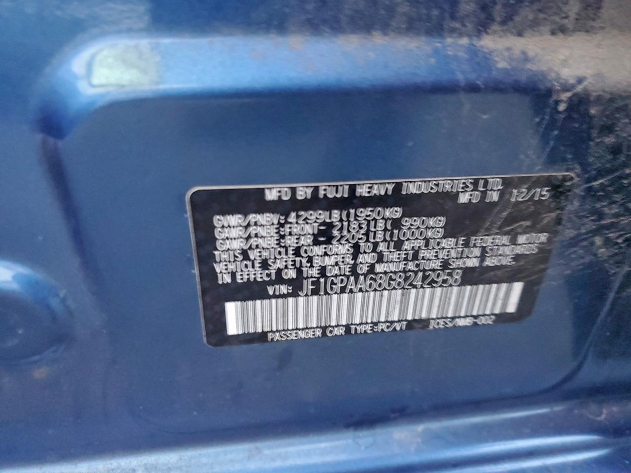 2016 Subaru Impreza VIN: JF1GPAA68G8242958 Lot: 93196855