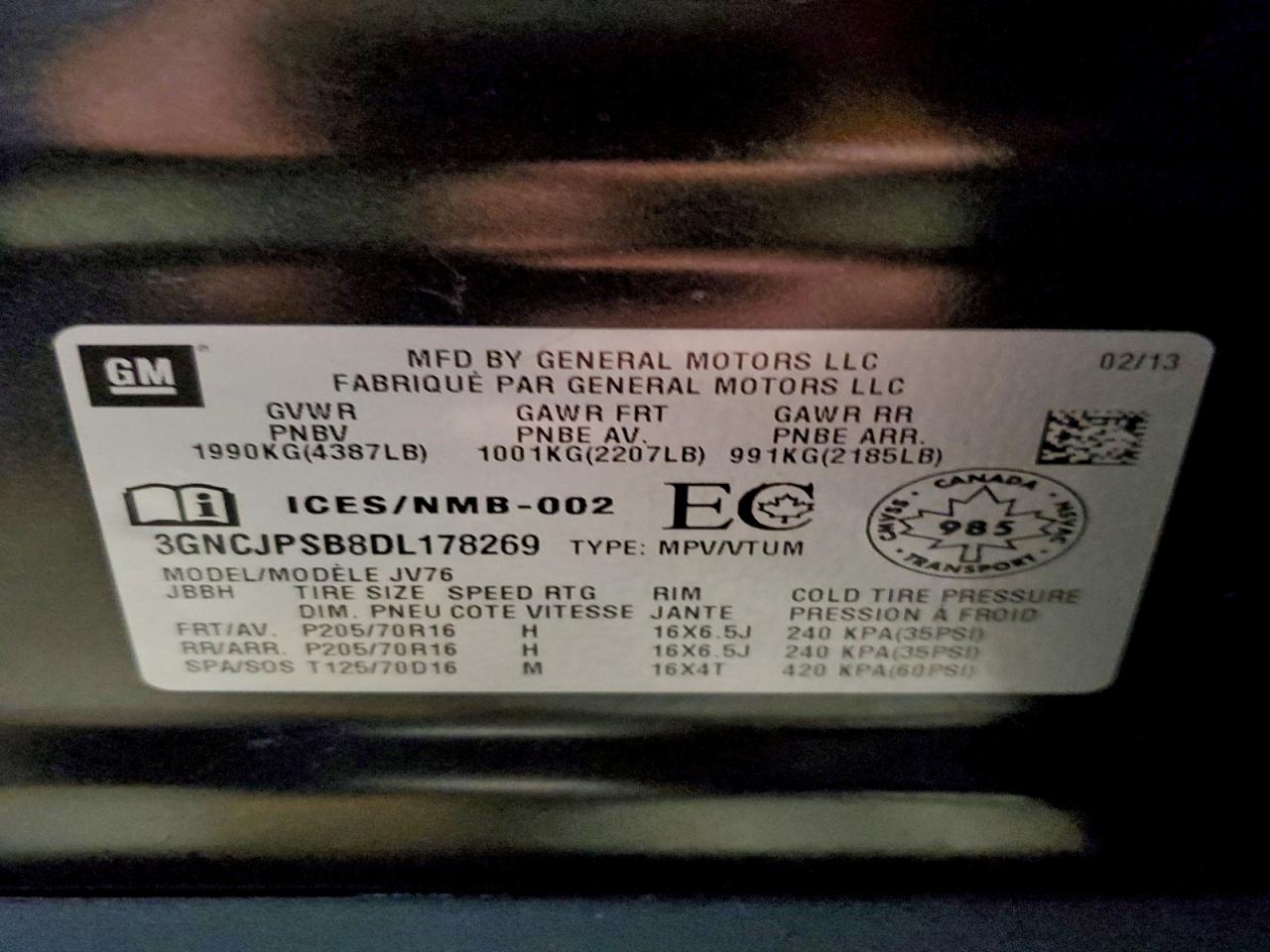 2013 Chevrolet Trax 1Lt VIN: 3GNCJPSB8DL178269 Lot: 94781875