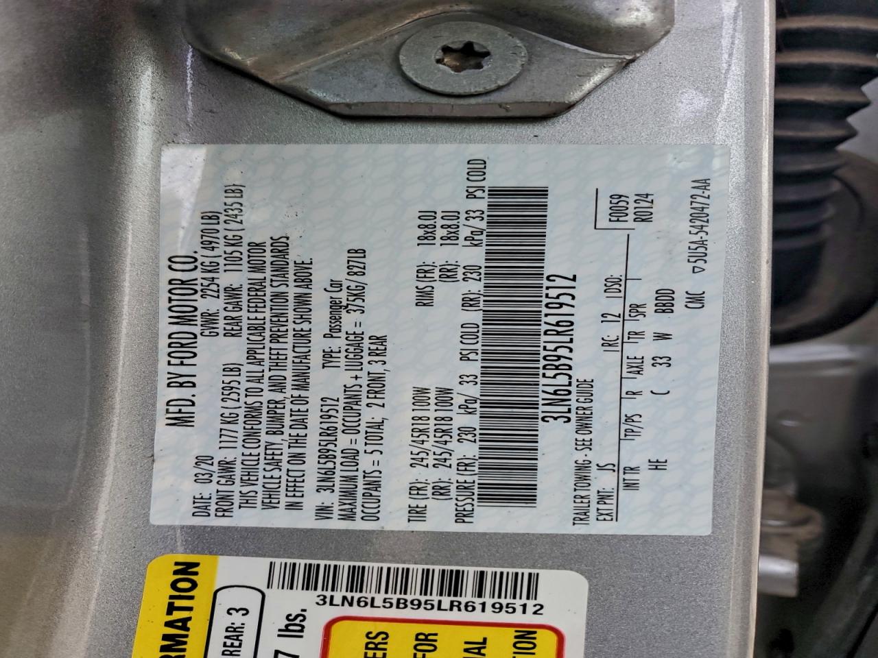 2020 Lincoln Mkz VIN: 3LN6L5B95LR619512 Lot: 93529555
