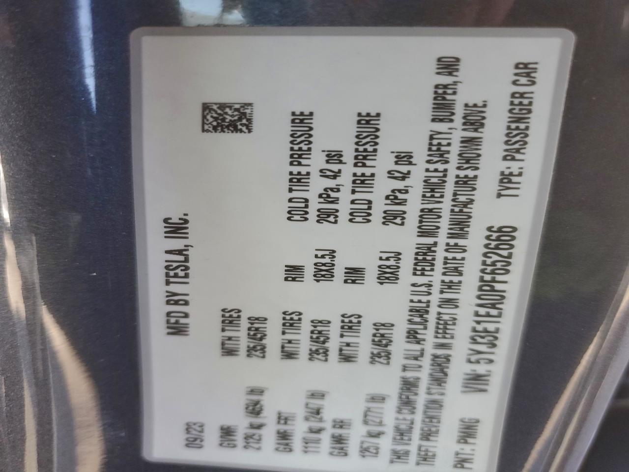 2023 Tesla Model 3 VIN: 5YJ3E1EA0PF652666 Lot: 93748715