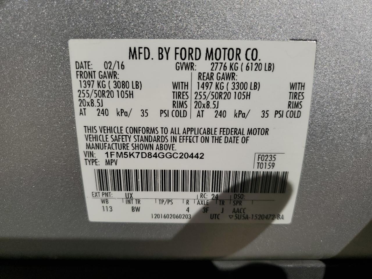 2016 Ford Explorer Xlt VIN: 1FM5K7D84GGC20442 Lot: 92658035