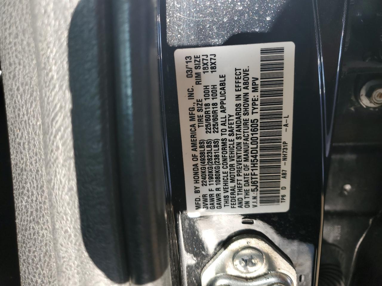 2013 Honda Crosstour Exl VIN: 5J6TF1H54DL001605 Lot: 93031005