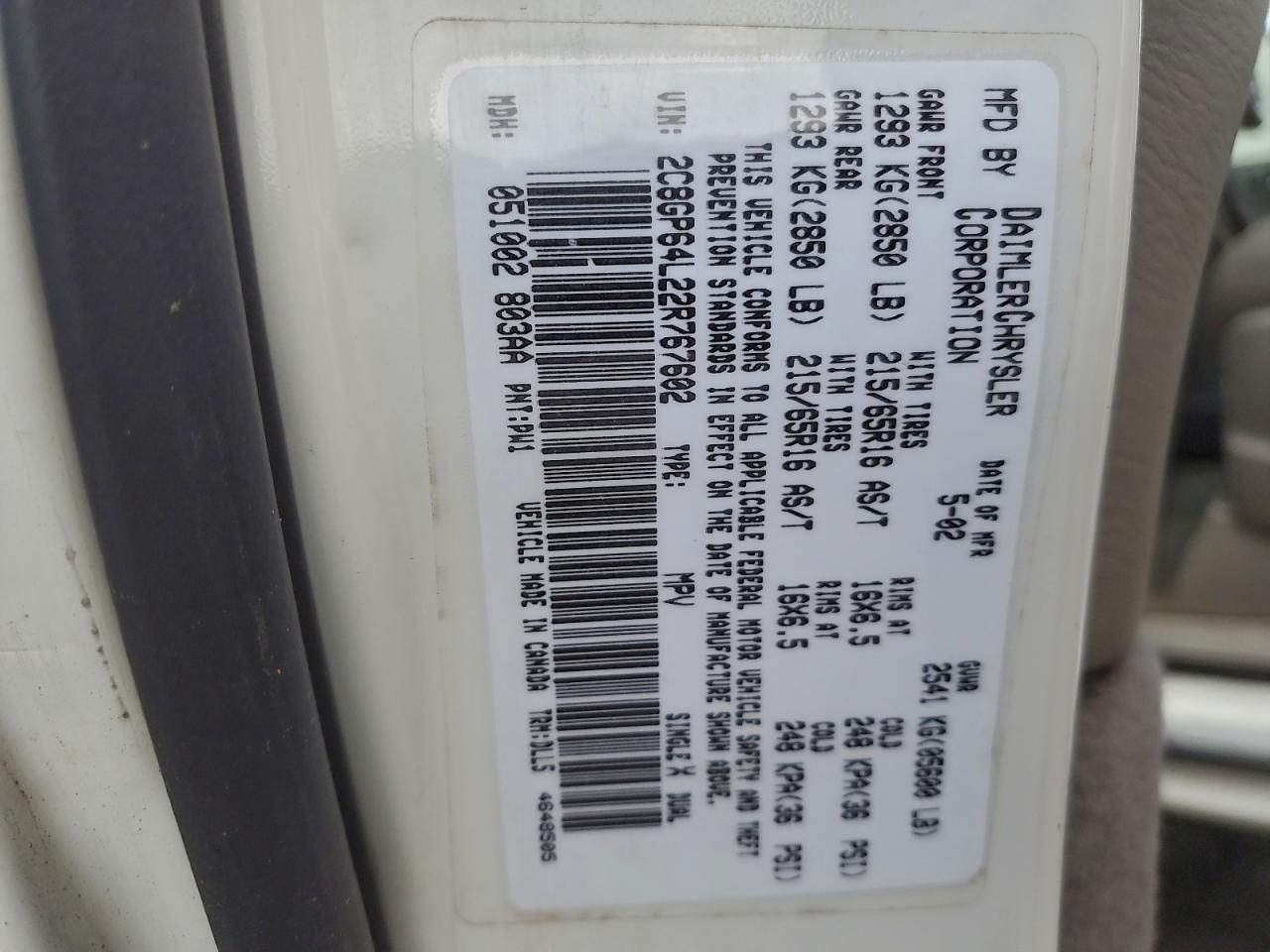 2002 Chrysler Town & Country Limited VIN: 2C8GP64L22R767602 Lot: 94177965