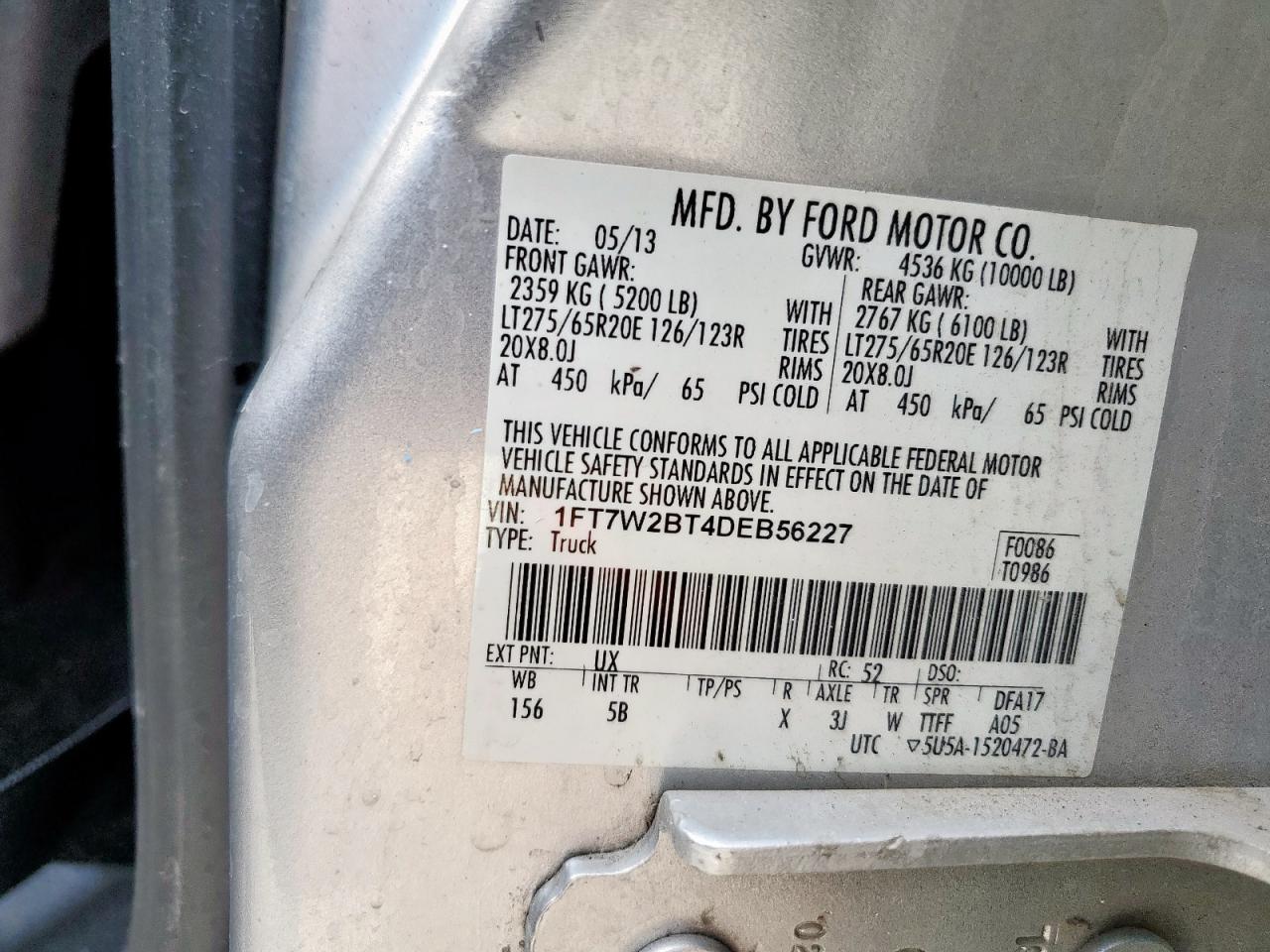 2013 Ford F250 Super Duty VIN: 1FT7W2BT4DEB56227 Lot: 91282395